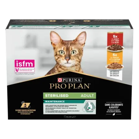 Упаковка влажного корма для взрослых стерилизованных кошек Purina Pro Plan Sterilised кусочки в соусе с говядиной 5 х 85 г, с курицей 5 х 85 г