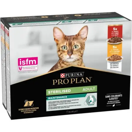 Упаковка влажного корма для взрослых стерилизованных кошек Purina Pro Plan Sterilised кусочки в соусе с говядиной 5 х 85 г, с курицей 5 х 85 г
