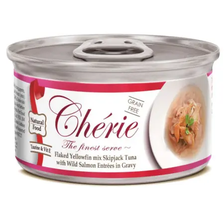 Влажный корм Cherie с нежными кусочками желтоперого тунца и дикого лосося в соусе 80 г