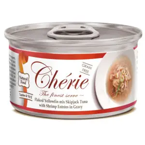 Влажный корм Cherie с нежными кусочками желтоперого тунца и креветок в соусе 80 г