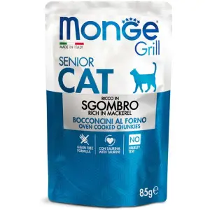 Вологий корм для кішок Monge Cat Grill Senior запечені шматочки в соусі, з макреллю, 85 г