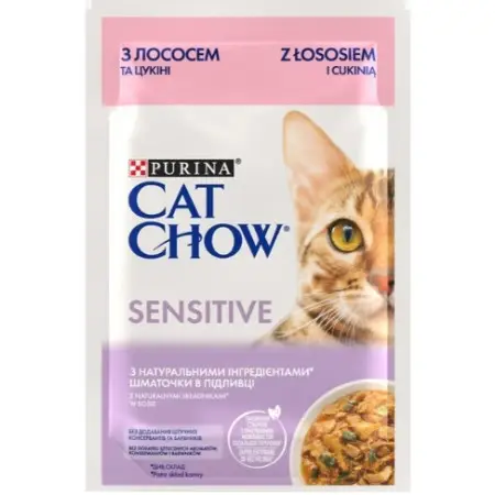 Вологий корм для кішок Purina Cat Chow Sensitive з лососем та цукіні в желе 85г