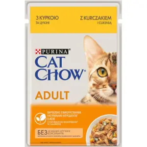 Вологий корм для котів Cat Chow Adult, ніжні шматочки в желе, з куркою та цукіні, 85 г