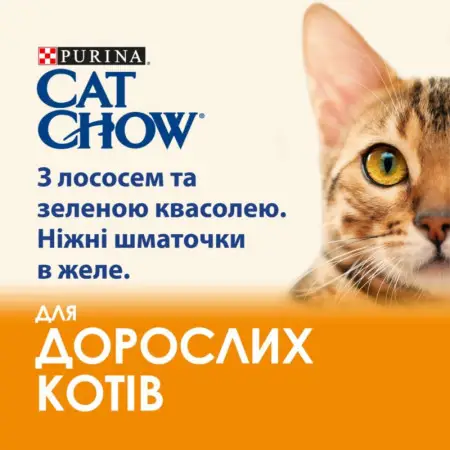 Вологий корм для котів Cat Chow Adult, ніжні шматочки в желе, з лососем та зеленою квасолею, 85 г