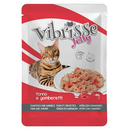 Влажный корм для кошек VIBRISSE JELLY, тунец/креветки в желе, Пауч 70г