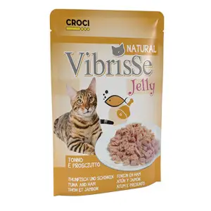 Вологий корм для котів VIBRISSE JELLY, тунець/куряча шинка в желе, Пауч 70г
