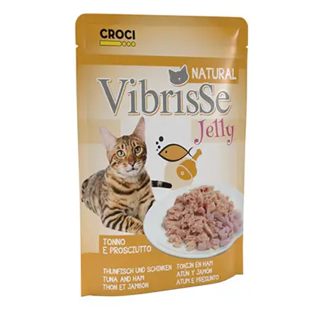 Влажный корм для кошек VIBRISSE JELLY, тунец/куриная ветчина в желе, Пауч 70г