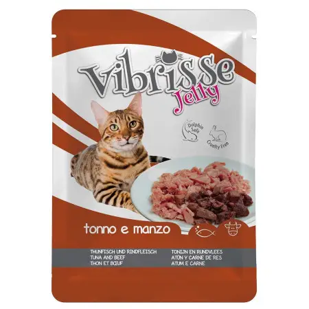 Влажный корм для кошек VIBRISSE JELLY, тунец/говядина в желе, 70г