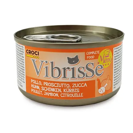 Вологий корм для котів VIBRISSE MENU, курка з шинкою в гарбузовому соусі, 70г