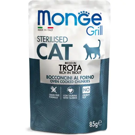 Вологий корм для стерилізованих кішок Monge cat grill MIX з півником, фореллю, телятиною 1.02 кг