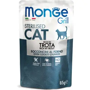 Вологий корм для стерилізованих кішок Monge Cat Grill Sterilised запечені шматочки в соусі, з фореллю 85 г.