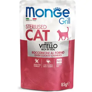 Вологий корм для стерилізованих кішок Monge Cat Grill Sterilised запечені шматочки в соусі, з телятиною 85 г