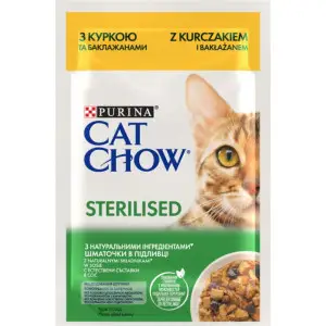 Вологий корм для стерилізованих котів Cat Chow Sterilised, шматочки в підливці, з куркою та баклажанами, 85 г