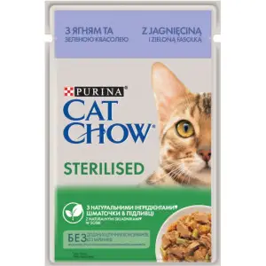 Вологий корм для стерилізованих котів Cat Chow Sterilised, шматочки в підливці, з ягням та зеленою квасолею, 85 г
