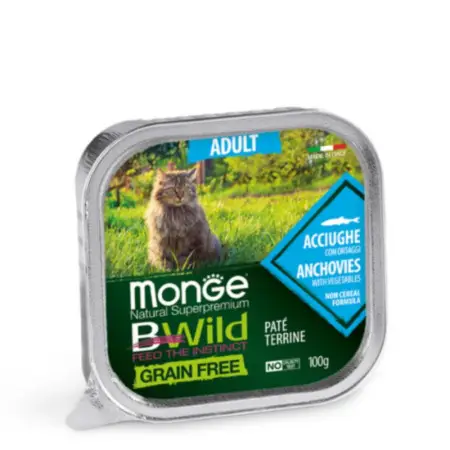 Вологий корм Monge Cat Wet Bwild Grain Free Adult для котів з анчоусами та овочами 100 г