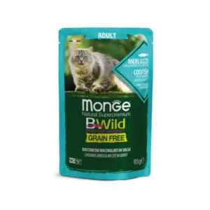 Вологий корм Monge Cat Wet Bwild Grain Free для котів, тріска  з креветками та овочами 85 г