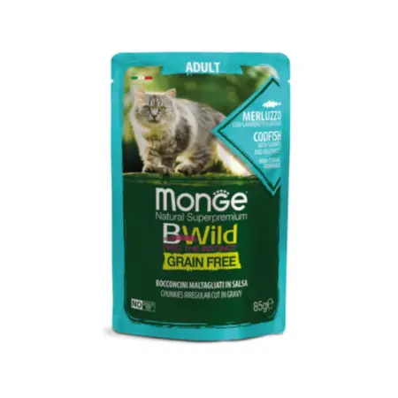 Вологий корм Monge Cat Wet Bwild Grain Free для котів, тріска з креветками та овочами 85 г