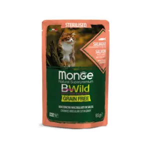 Вологий корм Monge Cat Wet Bwild Grain Free Sterilised для стерилізованих котів з лососем, креветками та овочами 85 г