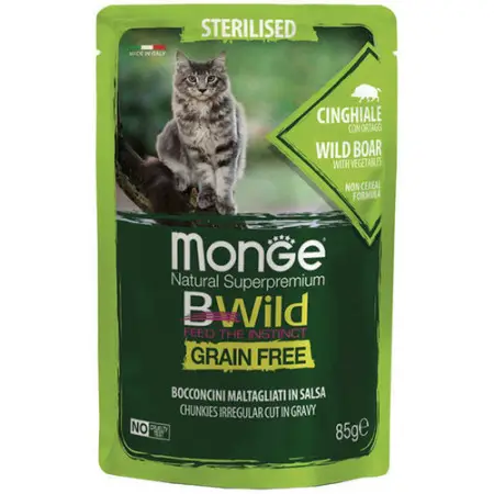 Вологий корм Monge Cat Wet Bwild Grain Free Sterilised для стерилізованих котів з м'ясом дикого кабана та овочами 85 г