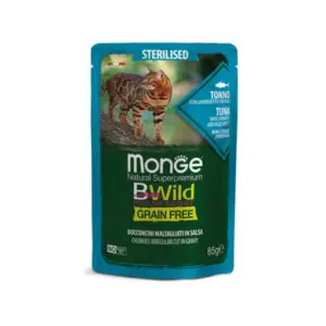 Вологий корм Monge Cat Wet Bwild Grain Free Sterilised для стерилізованих котів з тунцем, креветками та овочами 85 г