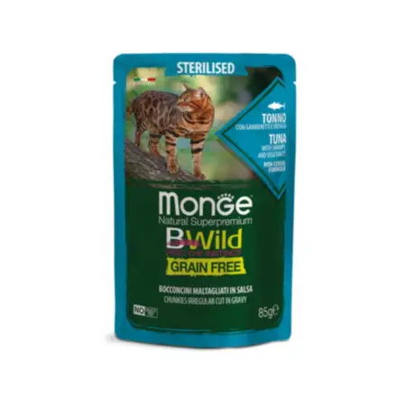 Влажный корм Monge Cat Wet Bwild Grain Free Sterilised для стерилизованных кошек с тунцом, креветками и овощами 85 г