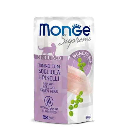 Вологий корм Monge Cat Wet Sterilised для стерилізованих котів з тунцем, камбалою та зеленим горошком 80 г