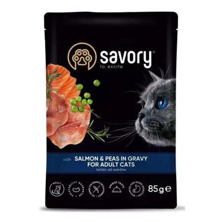 Вологий корм Savory для дорослих котів, лосось з горошком у соусі, пауч, 85 г