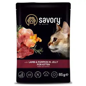 Вологий корм Savory для кошенят, ягня з гарбузом у желе, пауч, 85 г