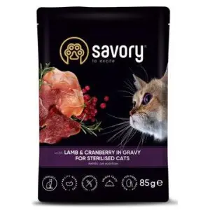 Вологий корм Savory для стерилізованих котів, ягня з журавлиною у соусі, пауч, 85 г