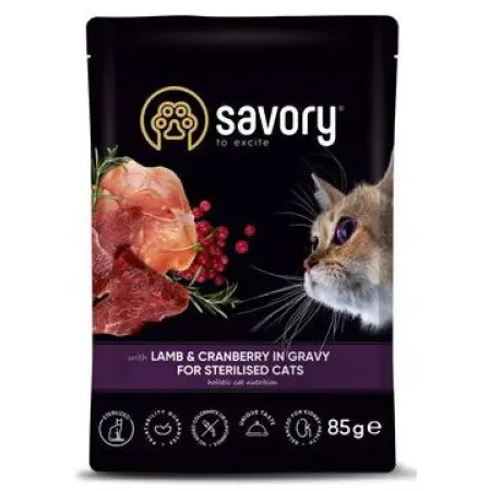 Вологий корм Savory для стерилізованих котів, ягня з журавлиною у соусі, пауч, 85 г