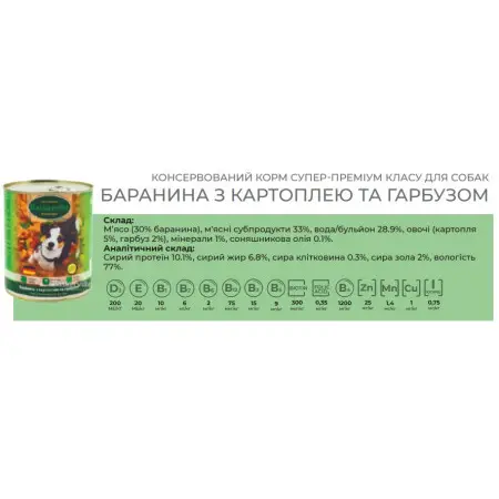 Консервований корм Baskerville для собак. Баранина з картоплею та гарбузом 800г