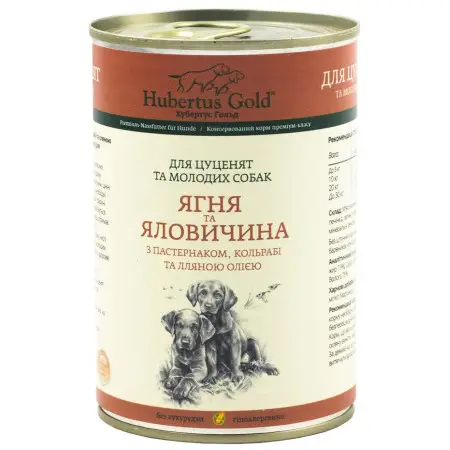 Консервований корм Hubertus Gold. Ягня та яловичина для цуценят 400г