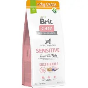 Корм Brit Care Dog Sustainable Sensitive для собак с чувствительным пищеварением, с рыбой и насекомыми, 12+2 кг