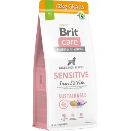 Корм Brit Care Dog Sustainable Sensitive для собак с чувствительным пищеварением, с рыбой и насекомыми, 12+2 кг