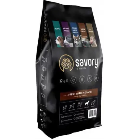 Сухий корм Savory Large для собак великих порід, зі свіжим ягням та індичкою, 12 кг