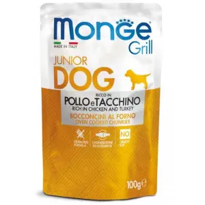 Вологий корм для цуценят Monge Dog Grill Puppy&Junior запечені шматочки в соусі, курка з індичкою, 100 г