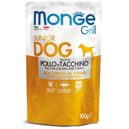 Вологий корм для цуценят Monge Dog Grill Puppy&Junior запечені шматочки в соусі, курка з індичкою, 100 г