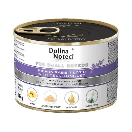 Вологий корм Dolina Noteci Premium для цуценят,юніорів собак маленьких порід з печінкою кролика та язиком оленя, 185 гр