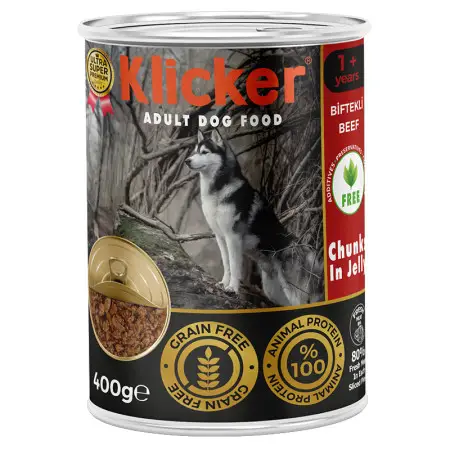 Вологий корм Klicker для дорослих собак шматочки ЯЛОВИЧИНИ в желе конс 400г.