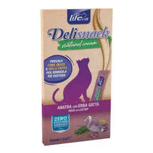 Лакомство LifeCat Deli Snack Natural Cream для кошек, крем-снек на основе мяса утки и кошачьей мяты, 6 штук по 15 г