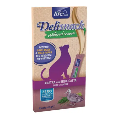 Ласощі LifeCat Deli Snack Natural Cream для котів, крем-снек на основі м'яса качки та котячої м'яти, 6 штук по 15 г