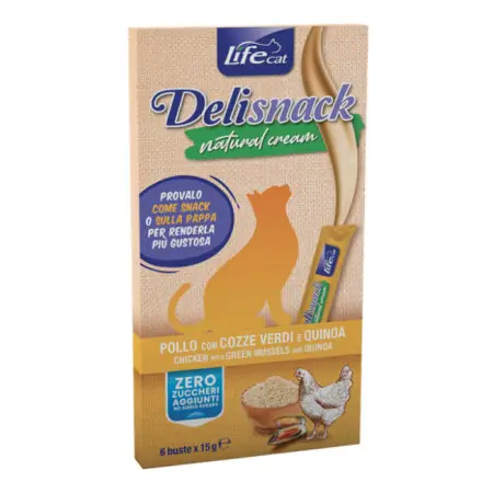 Ласощі LifeCat Deli Snack Natural Cream для котів, крем-снек на основі м'яса курки з мідіями та кіноа, 6 штук по 15 г