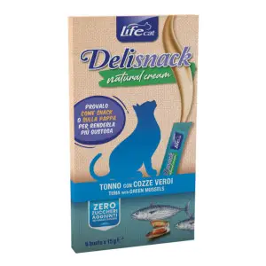 Ласощі LifeCat Deli Snack Natural Cream для котів, крем-снек на основі м'яса тунця та мідій, 6 штук по 15 г