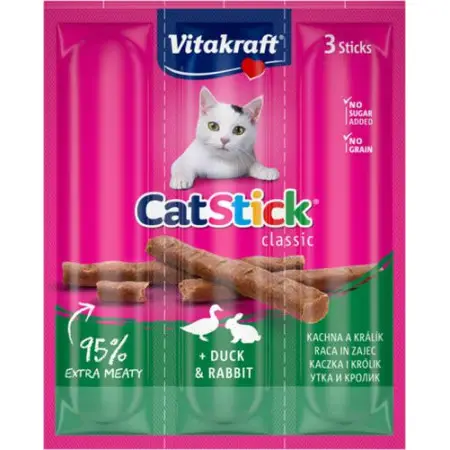Лакомство для кошек Vitakraft мясные палочки с уткой и кроликом, 3 шт*6 г