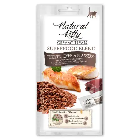 Natural Kitty Creamy Treats Chicken, Chicken liver & flaxseed Крем-снек для котів зі смаком курки, печінки та насіння льону, 4х12г