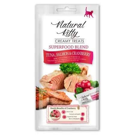 Natural Kitty Creamy Treats Tuna with salmon & cranberry Крем-снек для котів зі смаком тунця, лосося та журавлини, 4х12г