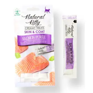 Natural Kitty Fuctional Creamy Treat Salmon Puree Skin&Coat Натуральні функціональні крем-снеки для котів – Пюре з лосося (шкіра та шерсть), 4х12 г