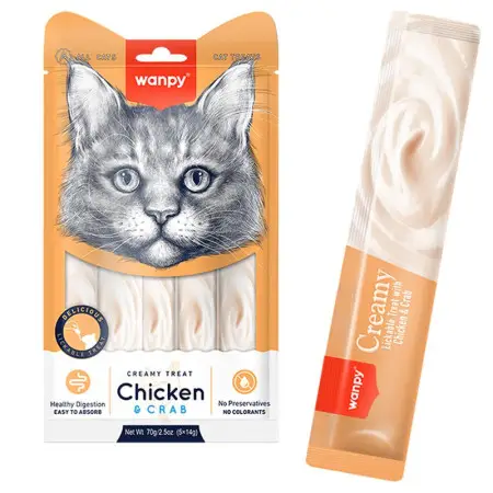Wanpy Creamy Lickable Treats Chicken & Crab ВАНПІ КУРКА З КРАБОМ рідкі ласощі для котів 5х14г