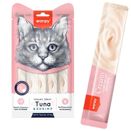 Wanpy Creamy Lickable Treats Tuna & Shrimp ВАНПИ ТУНЕЦ С КРЕВЕТКАМИ жидкое лакомство для кошек, 5х14г