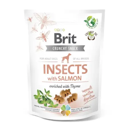 Беззерновые лакомства для собак Brit Care Dog Crunchy Cracker Insects with Salmon для чувствительного пищеварения, насекомых, лосось и чабрец, 200 г